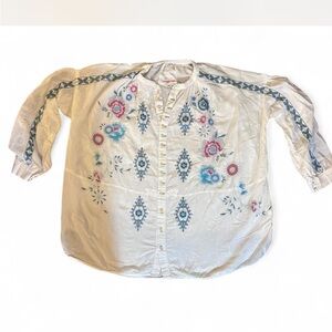 Johnny Was White Blouse with Blue and Pink Embroidery
